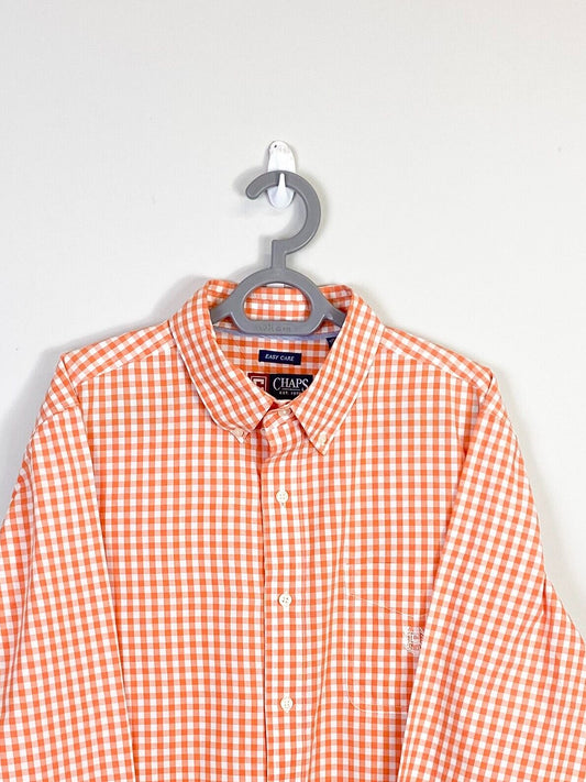 Chaps Shirt Mens L Orange Checkered Cotton Easy Care Collared Casual Button Down