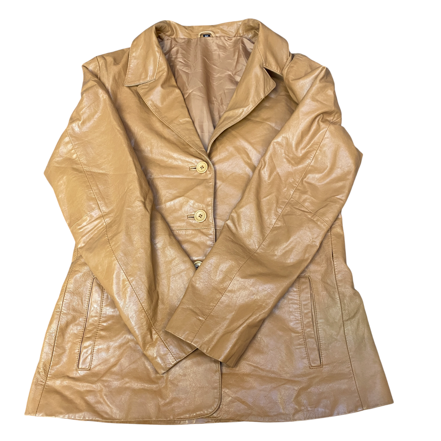 Women Leather Blazer Jacket Medium Brown Long Sleeve Notch Lapel Single Breasted