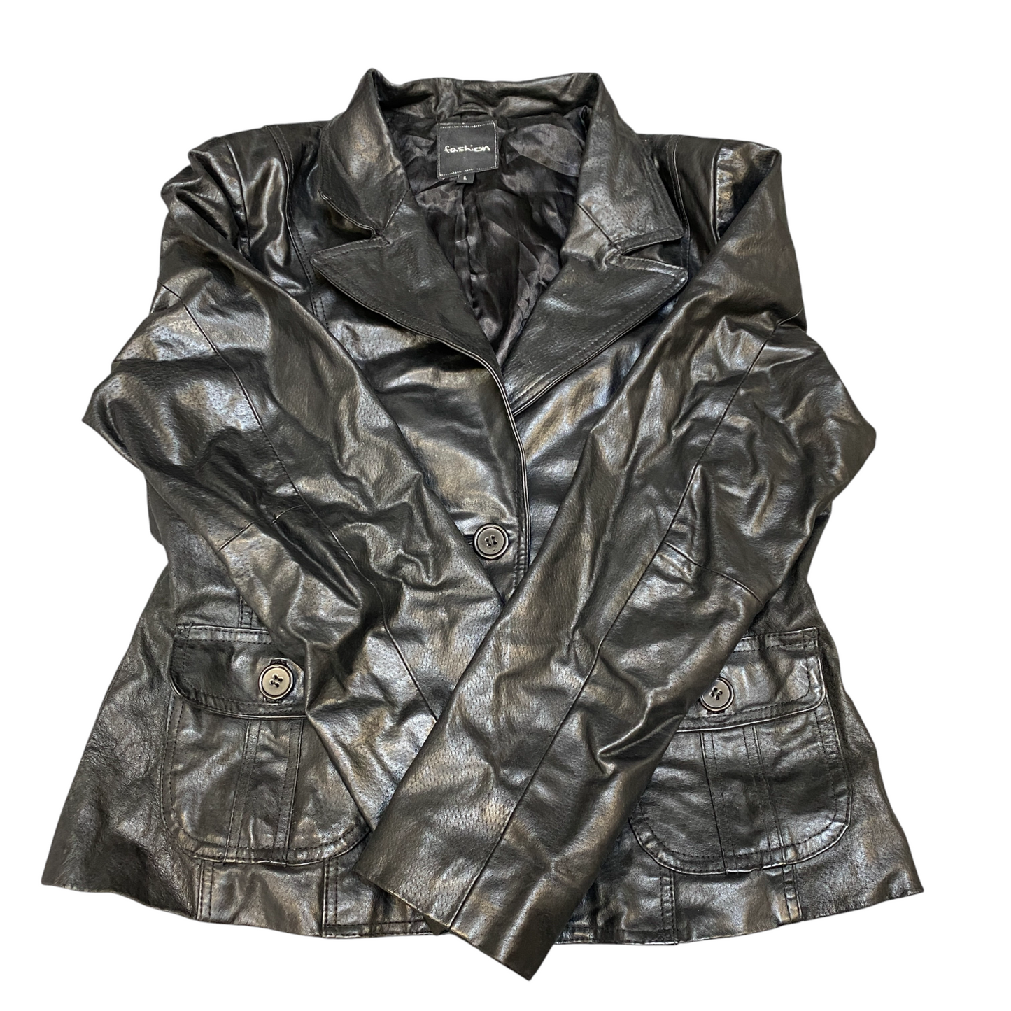 Fashion Leather Blazer Jacket Womens L Black Lined Notch Lapel Single Breasted