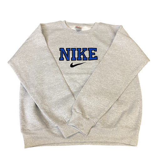 Nike Reworked Sweatshirt Mens Medium Grey Embroidered Spellout Logo Vintage Y2K