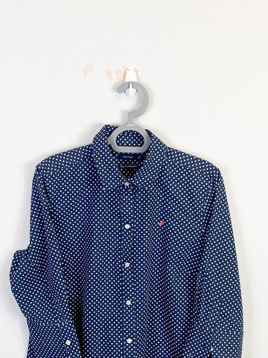 Nautica Shirt Womens Large Blue Floral Wrinkle Resistant Collared Button Down