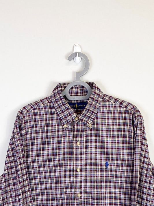 Ralph Lauren Shirt Mens Medium Brown Plaid Long Sleeve Small Blue Polo Pony Logo