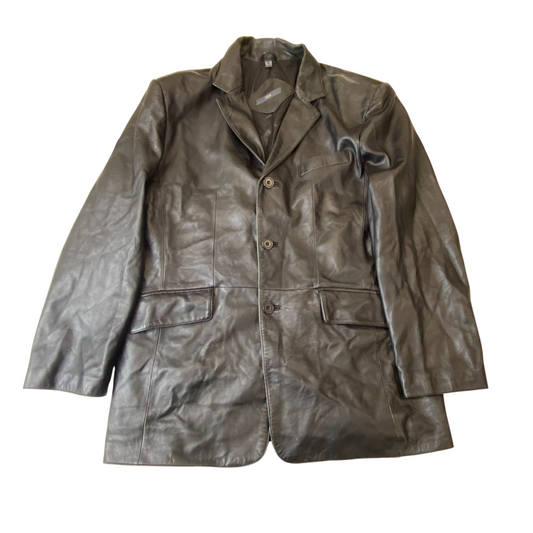 TCM Leather Blazer Jacket Mens Medium Black Lined Notch Lapel Single Breasted