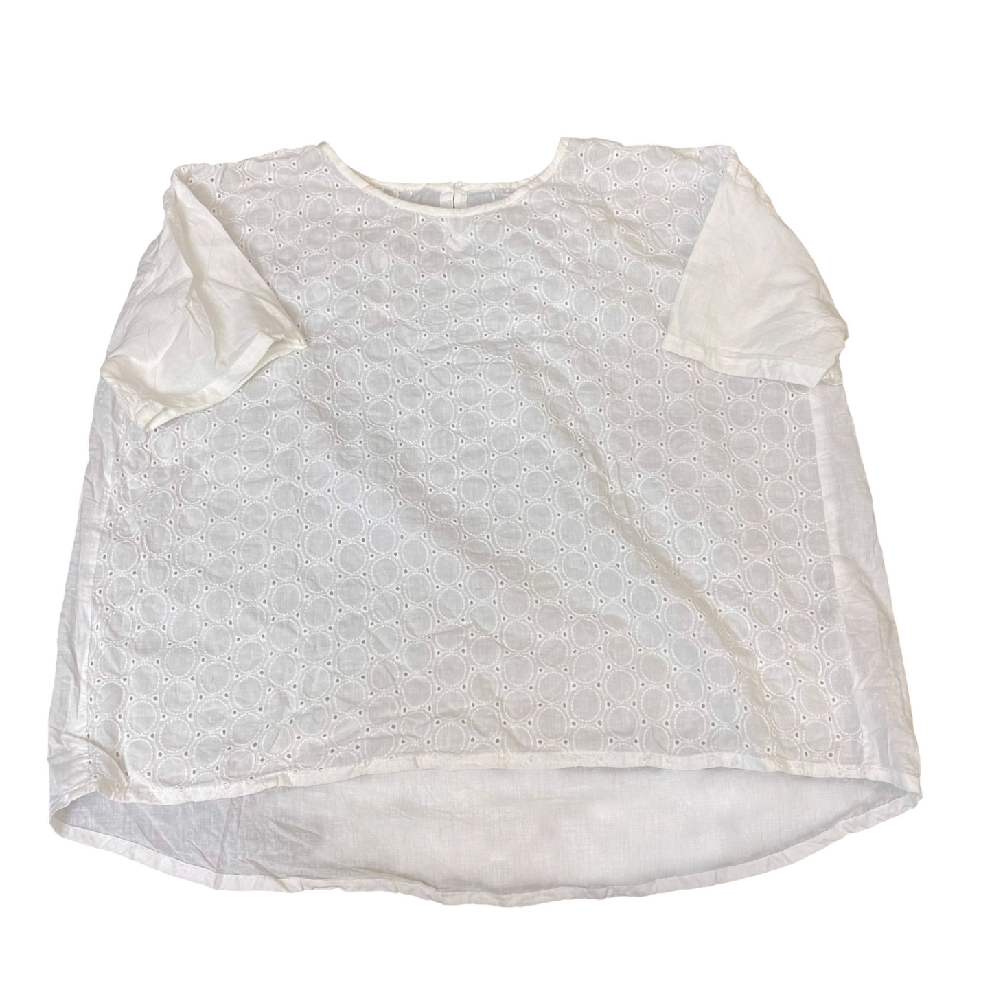 Womens Blouse Top M White Embroidered Eyelet Short Sleeve Round Neck Pullover