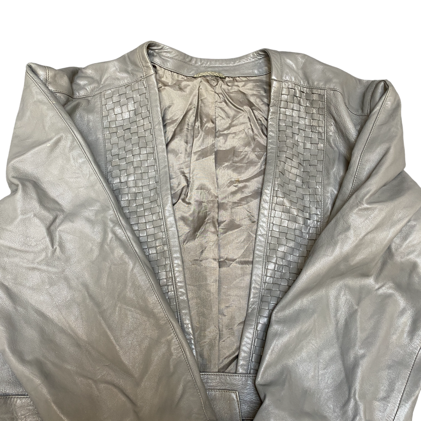 Women Leather Blazer Jacket Large Grey Lined Belted Waist Long Sleeve Open Front