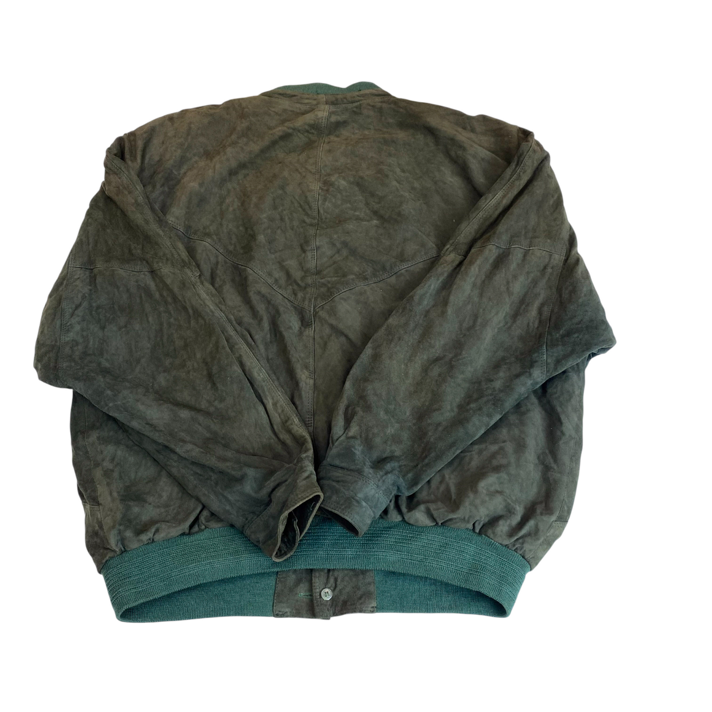 Bomber Jacket Mens L Green Suede Leather Pockets Long Sleeve Button Front