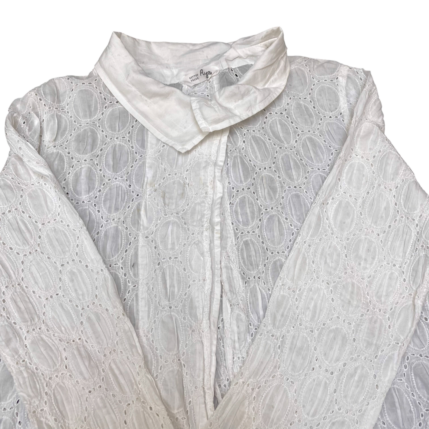 Blouse Top Womens M White Embroidered Eyelet Casual Long Sleeve Collared Outdoor