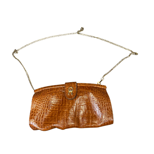 Vtg Womens Clutch Bag Brown Crocodile Leather Chain Strap Magnetic Flap Closure
