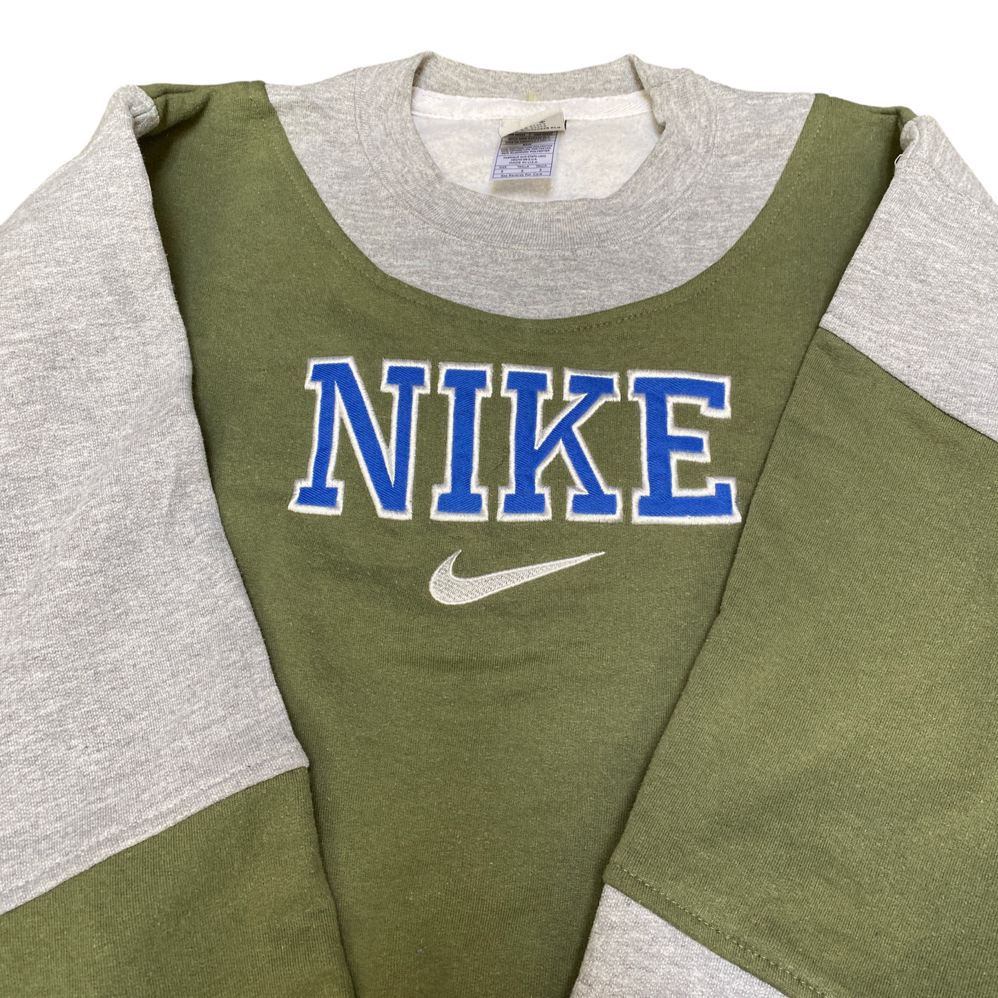 Nike Reworked Sweatshirt Mens Small Grey Green Embroidered Spellout Logo Vtg Y2K