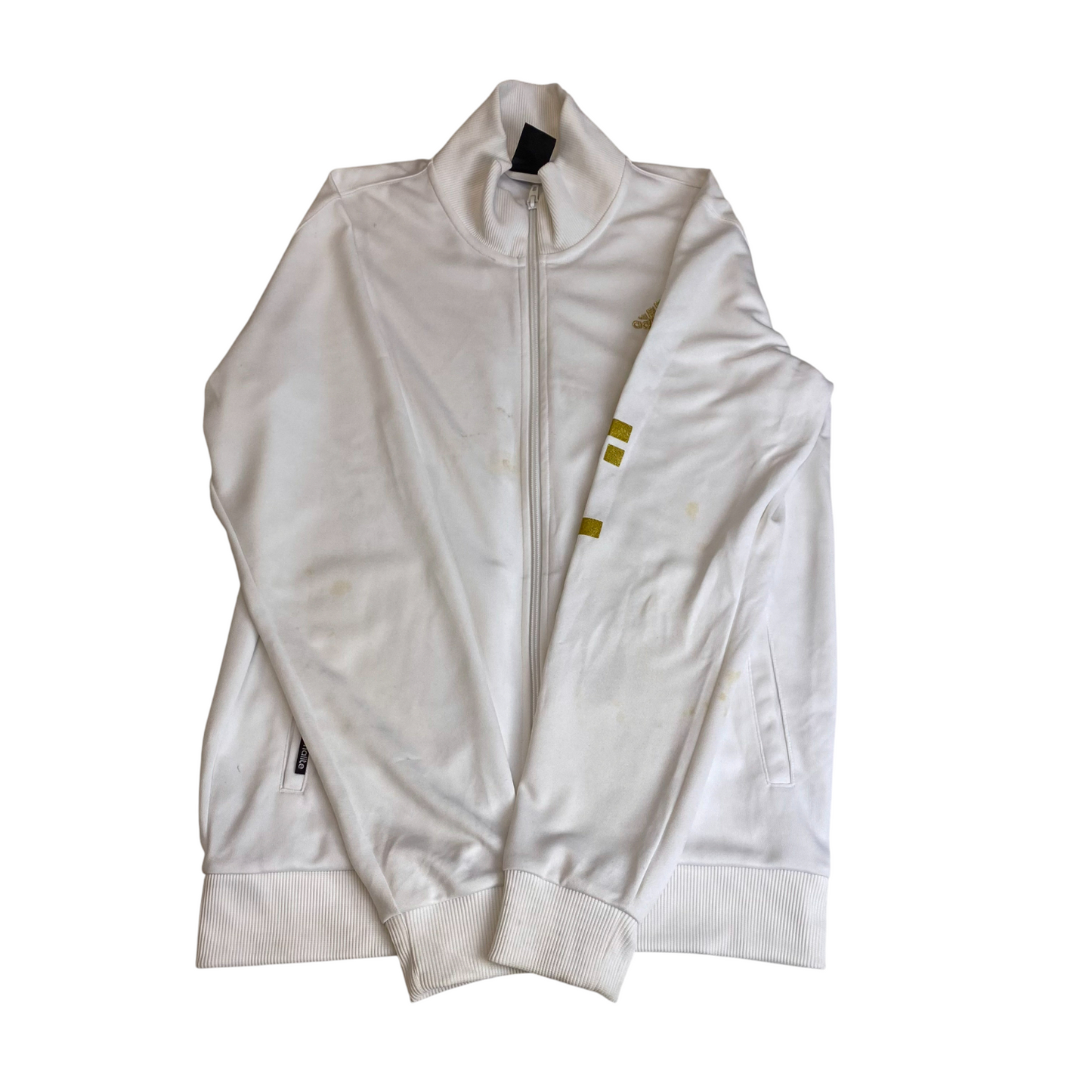 Adidas Track Jacket Mens M White Gold Glitter Logo Gym Training Outdoor Full Zip