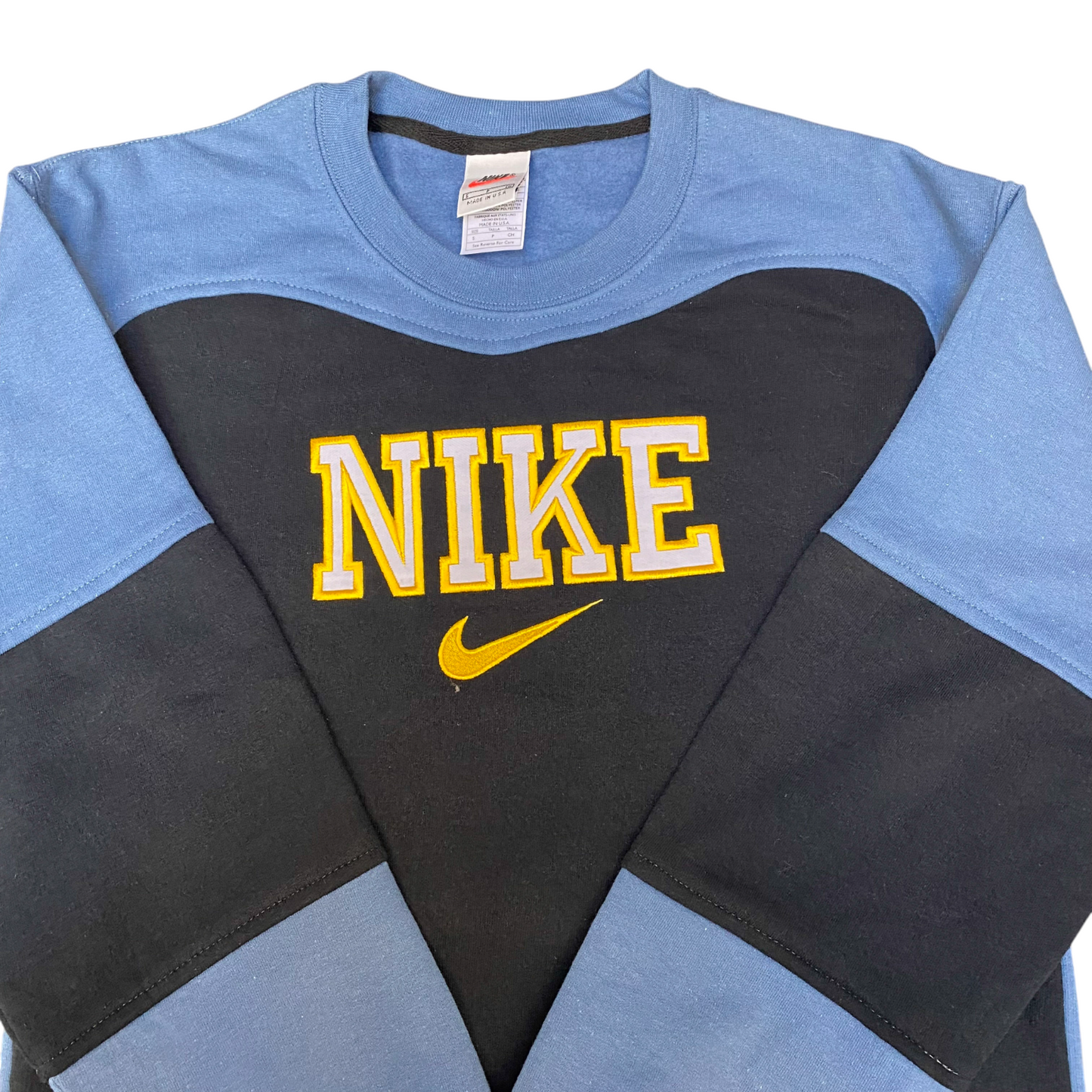 Nike Reworked Sweatshirt Mens Small Blue Black Embroidered Spellout Logo Vtg Y2K