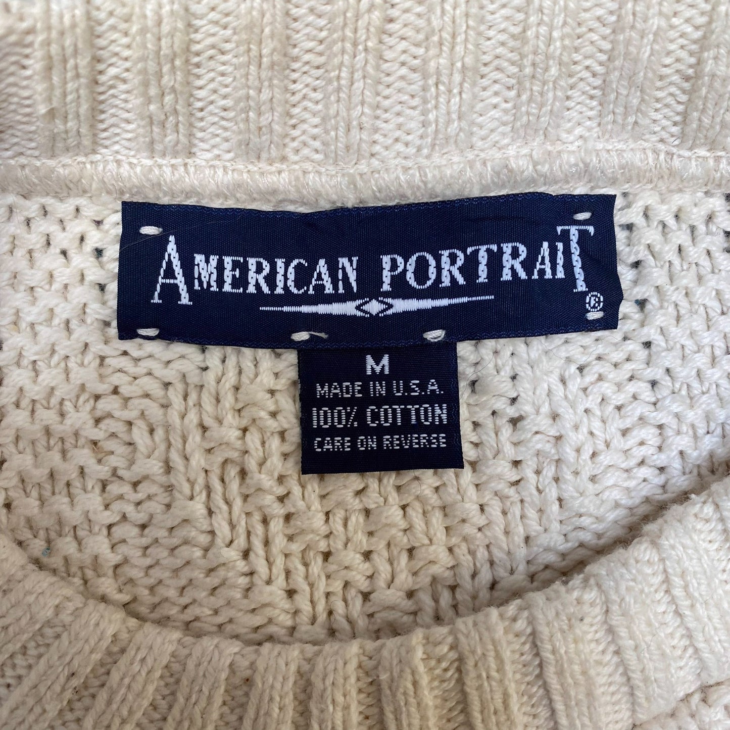American Portrait Jumper Womens Medium White Grey Knit Crew Neck Long Sleeve