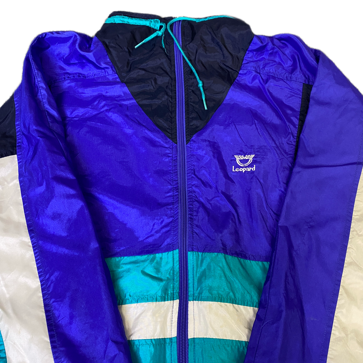 Vtg 90s Leopard Windbreaker Jacket Mens L Multi Colorblock Long Sleeve Full Zip