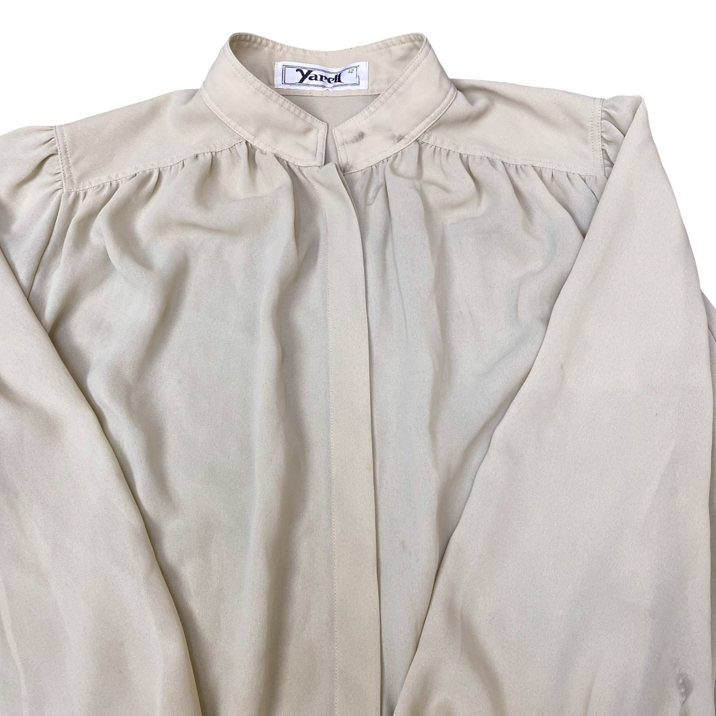 Shirt Top Womens L Cream Solid Chiffon Pleated Long Sleeve Snap Front Outdoor