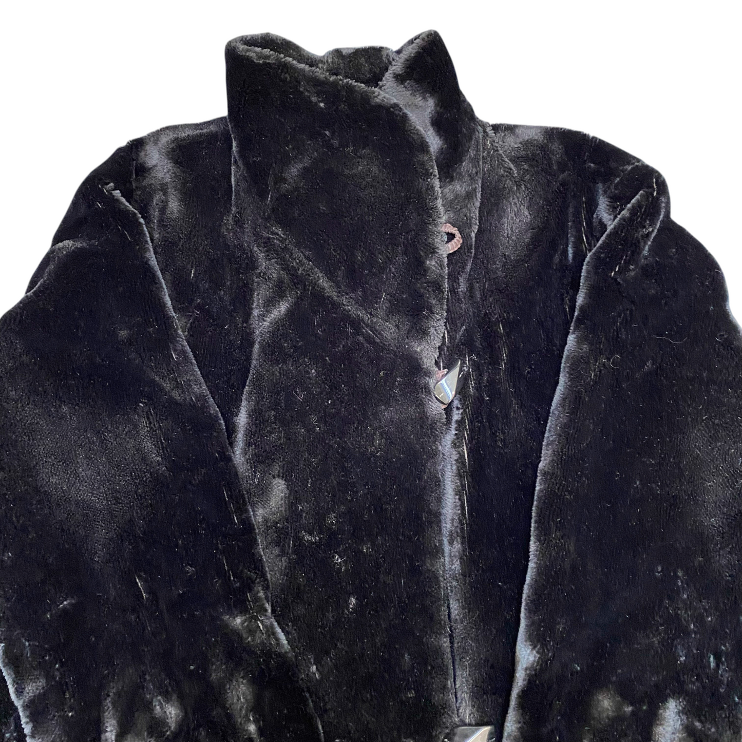 Womens Faux Fur Coat Large Black Lined Soft Long Sleeve Collared Toggle Button