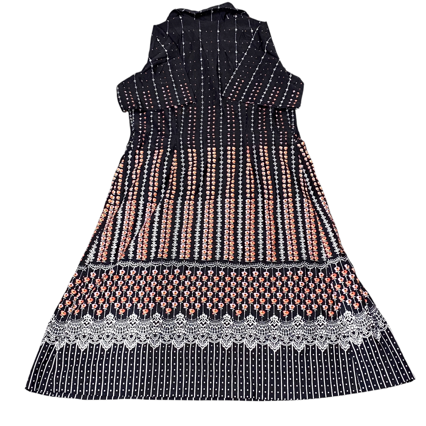 Womens A Line Dress M Black Geometric Short Sleeve Pleated Collared Button Front