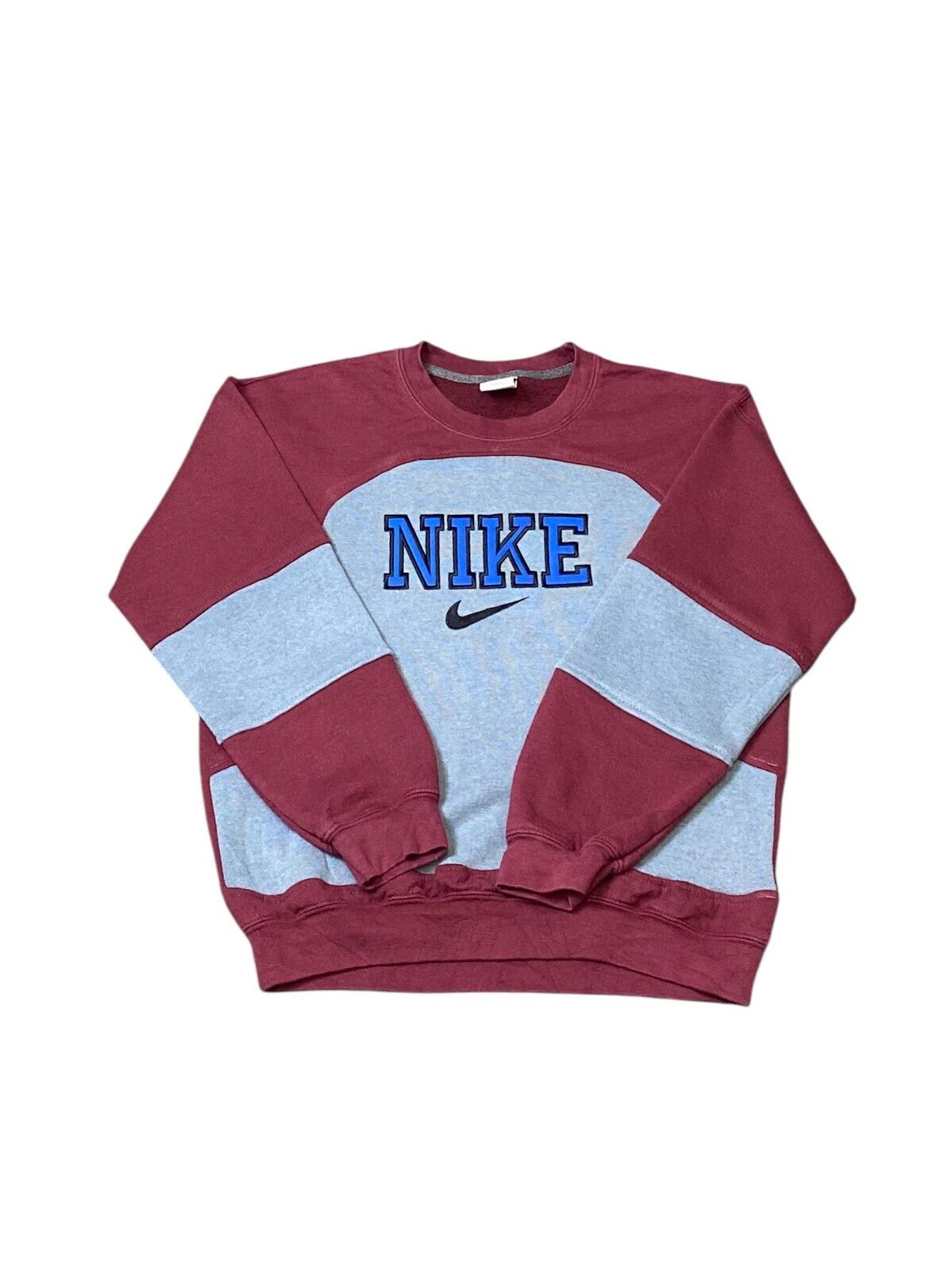 Nike Reworked Sweatshirt Mens Medium Red Blue Spellout Logo Crew Neck Vtg Y2K