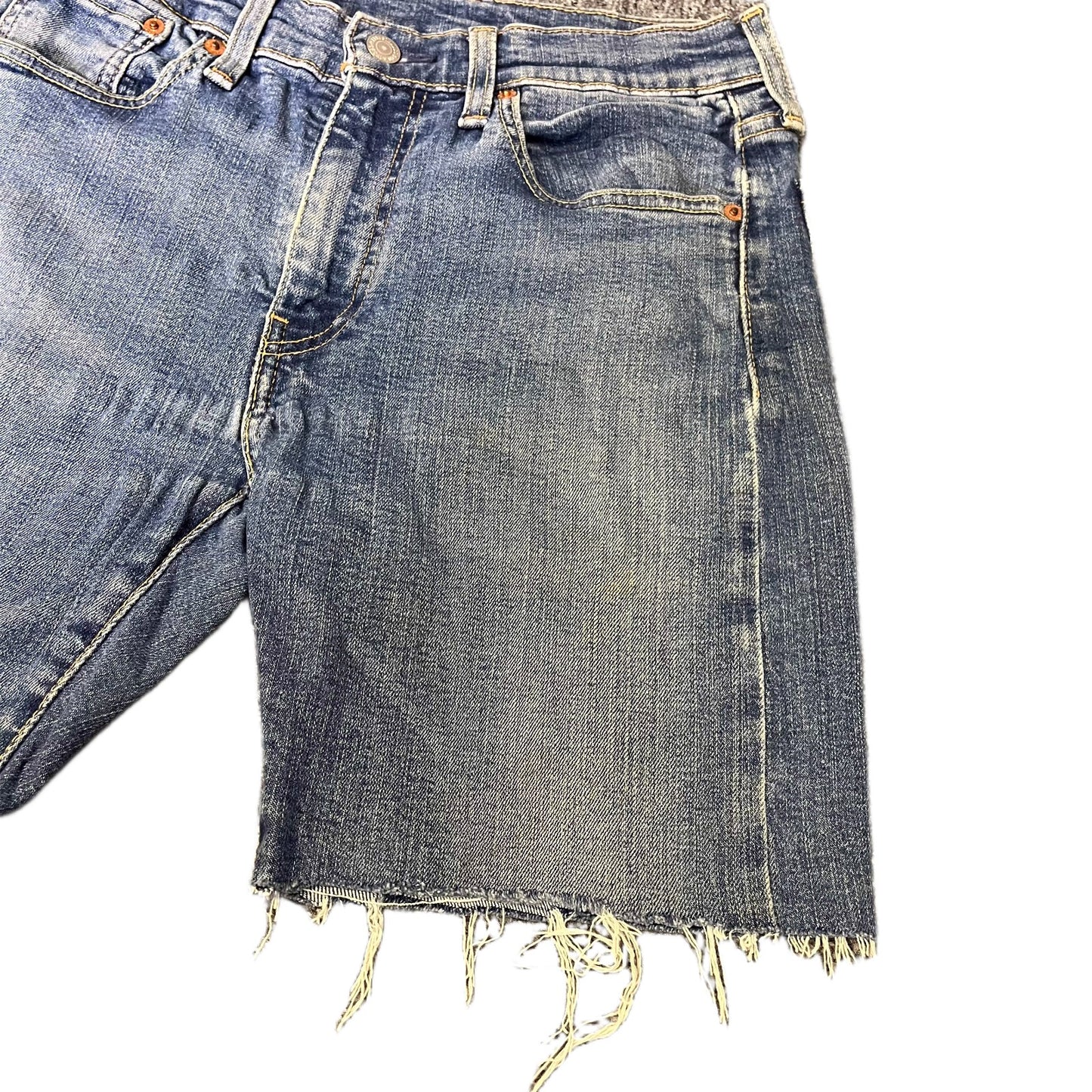 Levi's 519 Jean Shorts Fits as Womens S 28" Waist Blue Denim Red Tab Raw Hem
