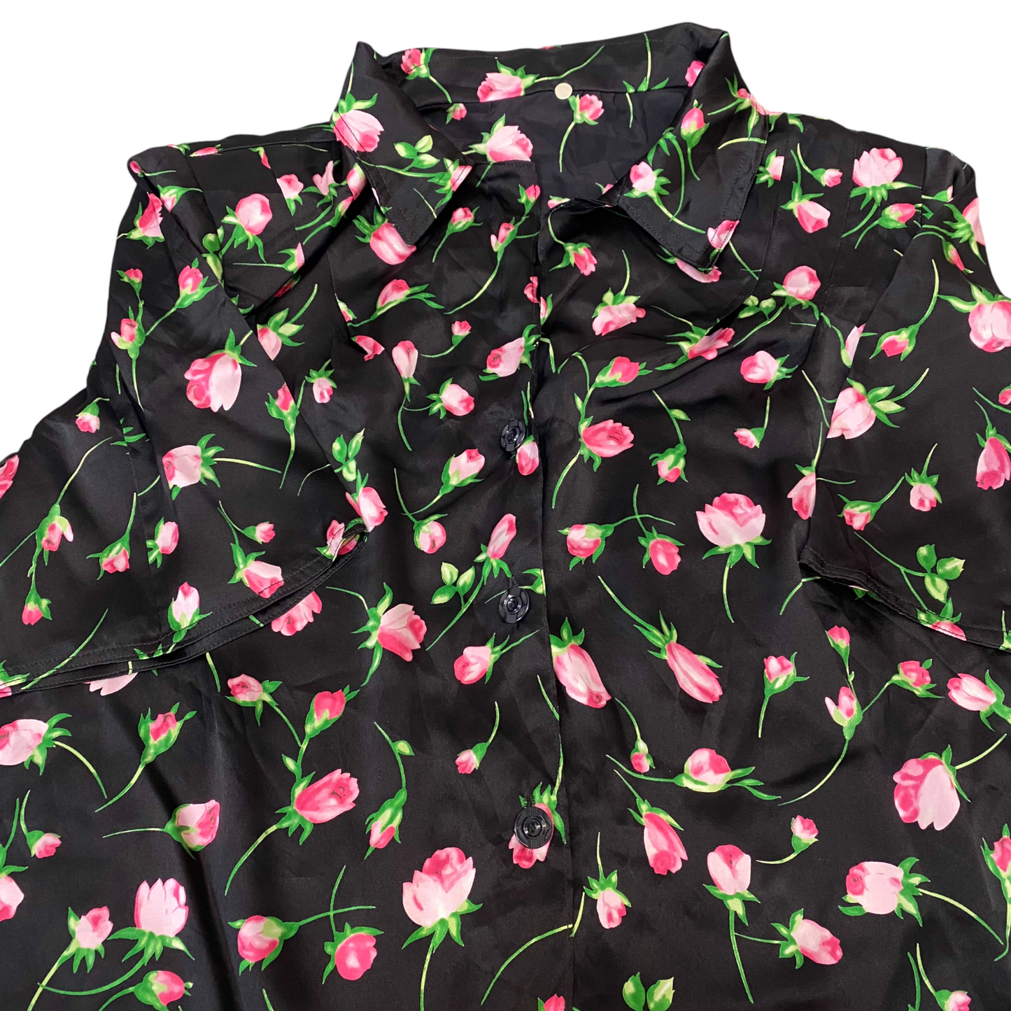 Shirt Top Womens XL Black Pink Floral Satin Casual Short Sleeve Button Front