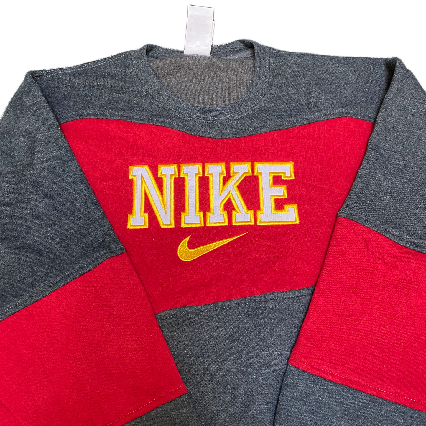 Nike Reworked Sweatshirt Mens M Red Grey Embroidered Spellout Logo Vintage Y2K