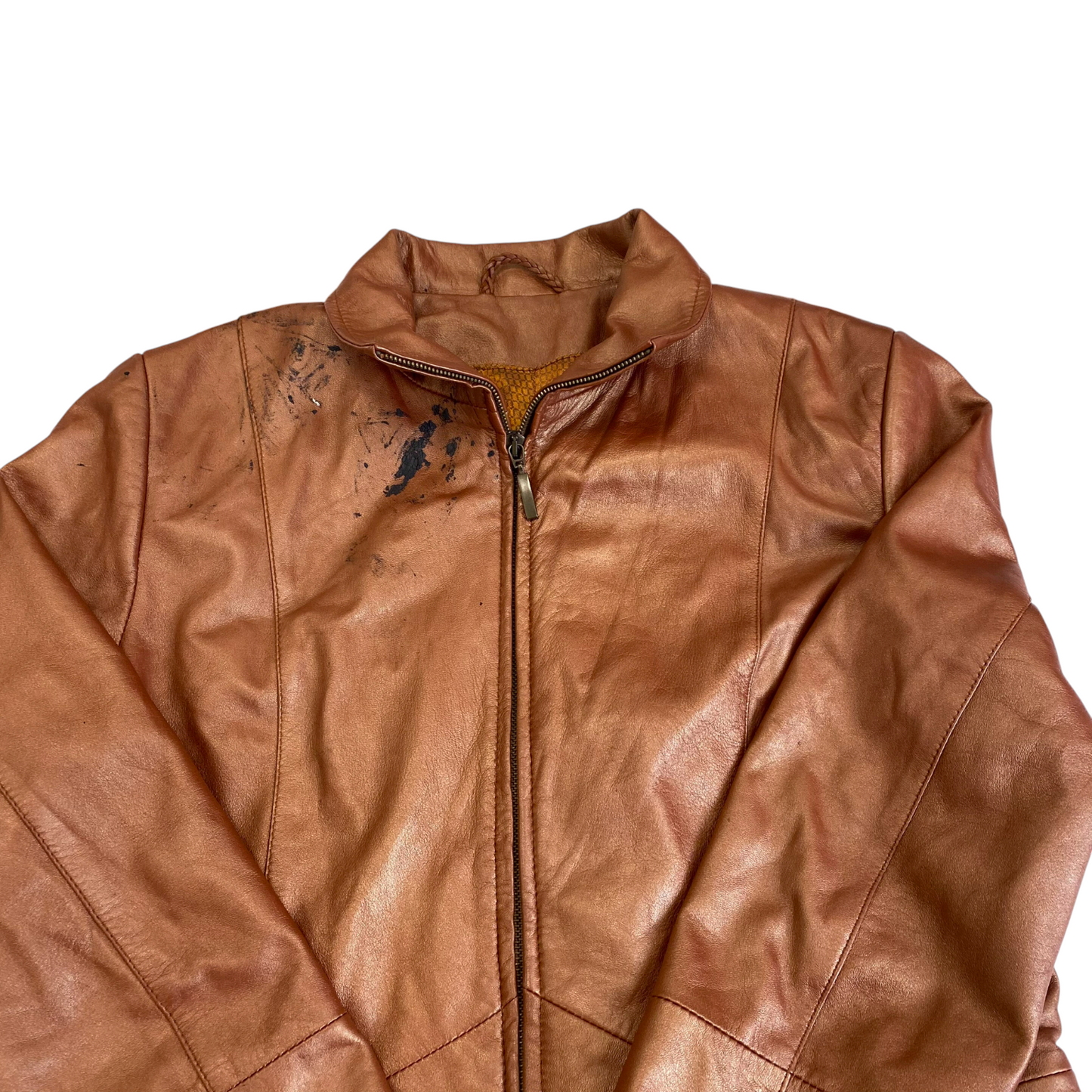 Jacket Womens L Brown Genuine Leather Biker Long Sleeve Full Zipper Outdoor