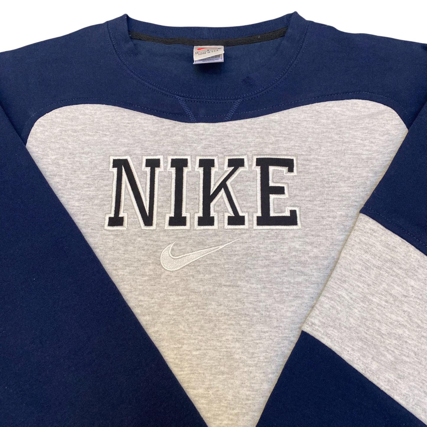 Nike Reworked Sweatshirt Mens L Blue Grey Embroidered Spellout Logo Crew Neck
