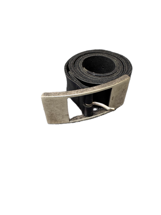 Bernd Gotz Waist Belt Mens Black Leather Rectangular Silver Buckle 44.5 inches