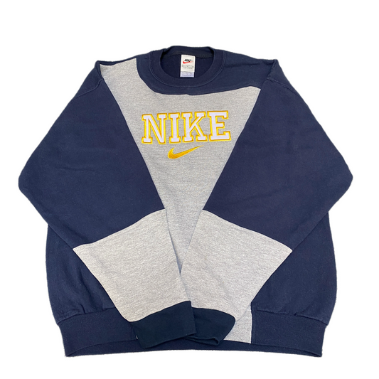 Nike Reworked Sweatshirt Mens M Navy Grey Embroidered Spellout Logo Vintage Y2K