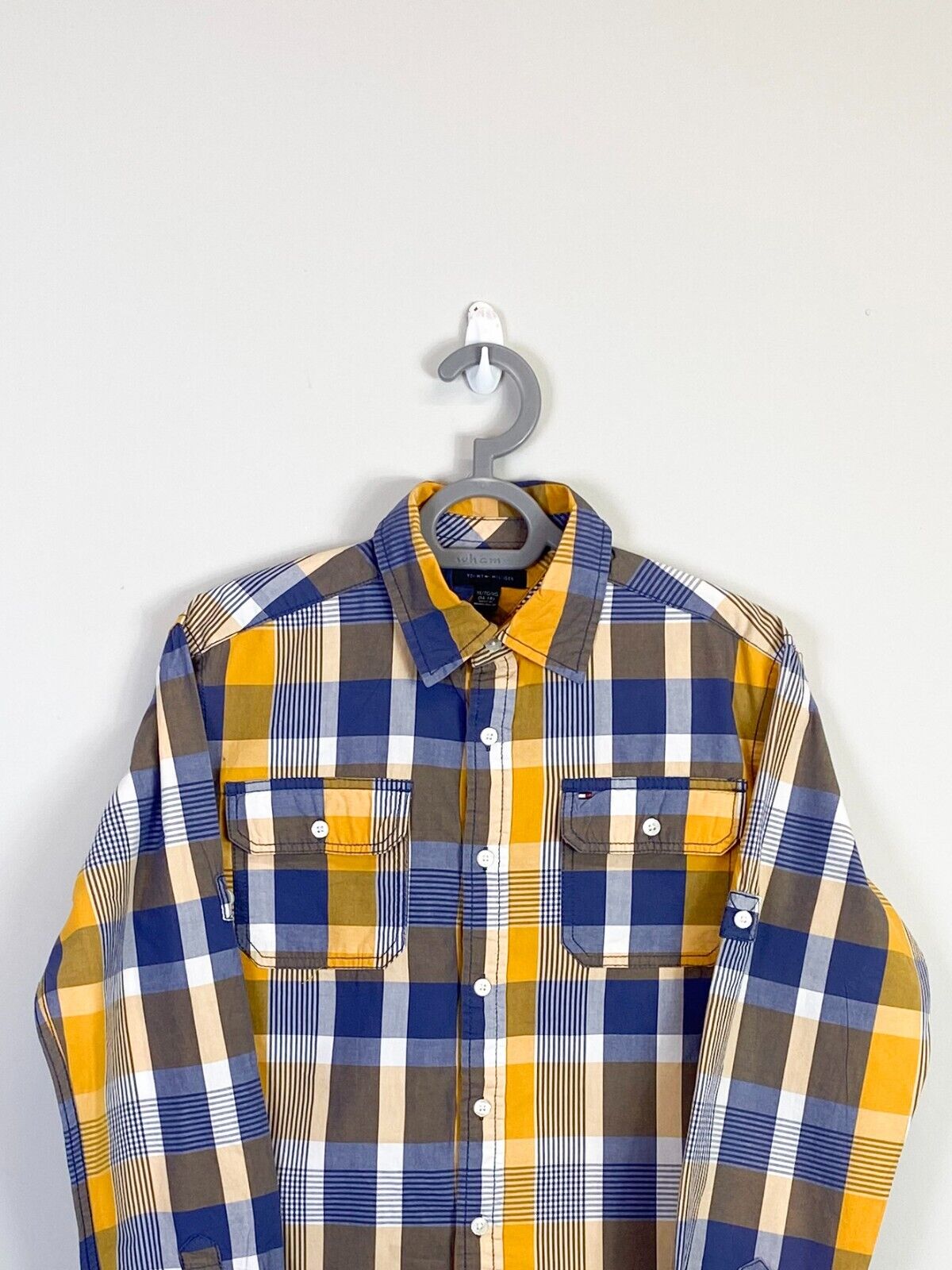 Tommy Hilfiger Shirt Womens XL Yellow Plaid Detailed Pockets Casual Button Down