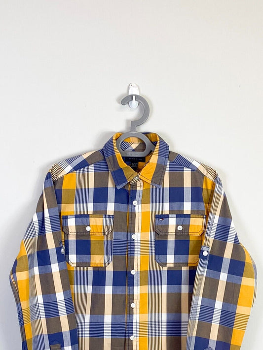 Tommy Hilfiger Shirt Womens XL Yellow Plaid Detailed Pockets Casual Button Down