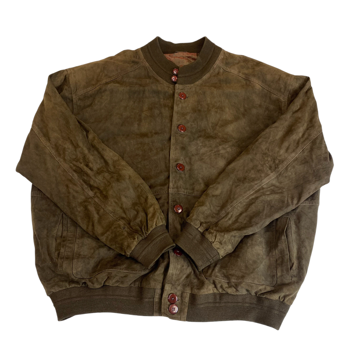 Bomber Jacket Mens XL Green Suede Leather Pockets Long Sleeve Button Front