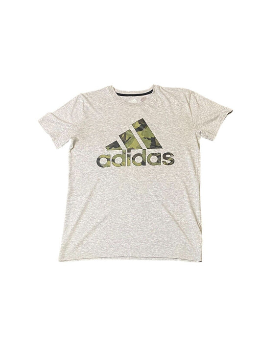 Adidas Essentials T-Shirt Boys L (14/16) Grey Cotton Crew Neck Camo Print Tee