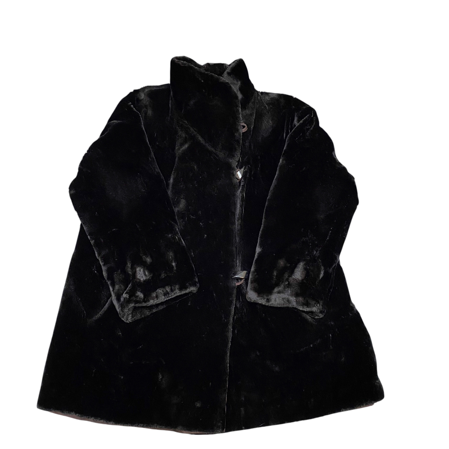 Womens Faux Fur Coat Large Black Lined Soft Long Sleeve Collared Toggle Button