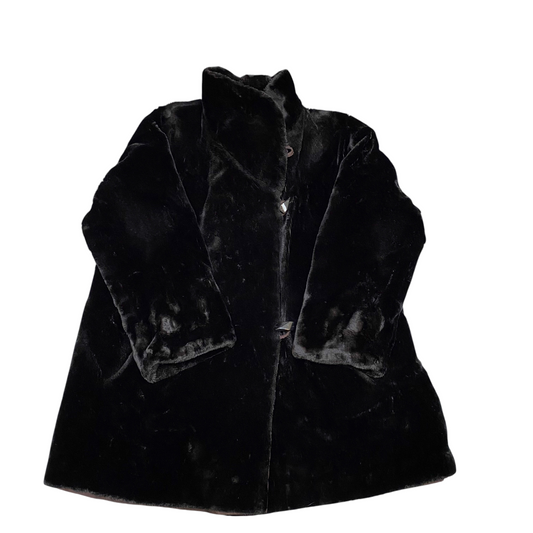 Womens Faux Fur Coat Large Black Lined Soft Long Sleeve Collared Toggle Button