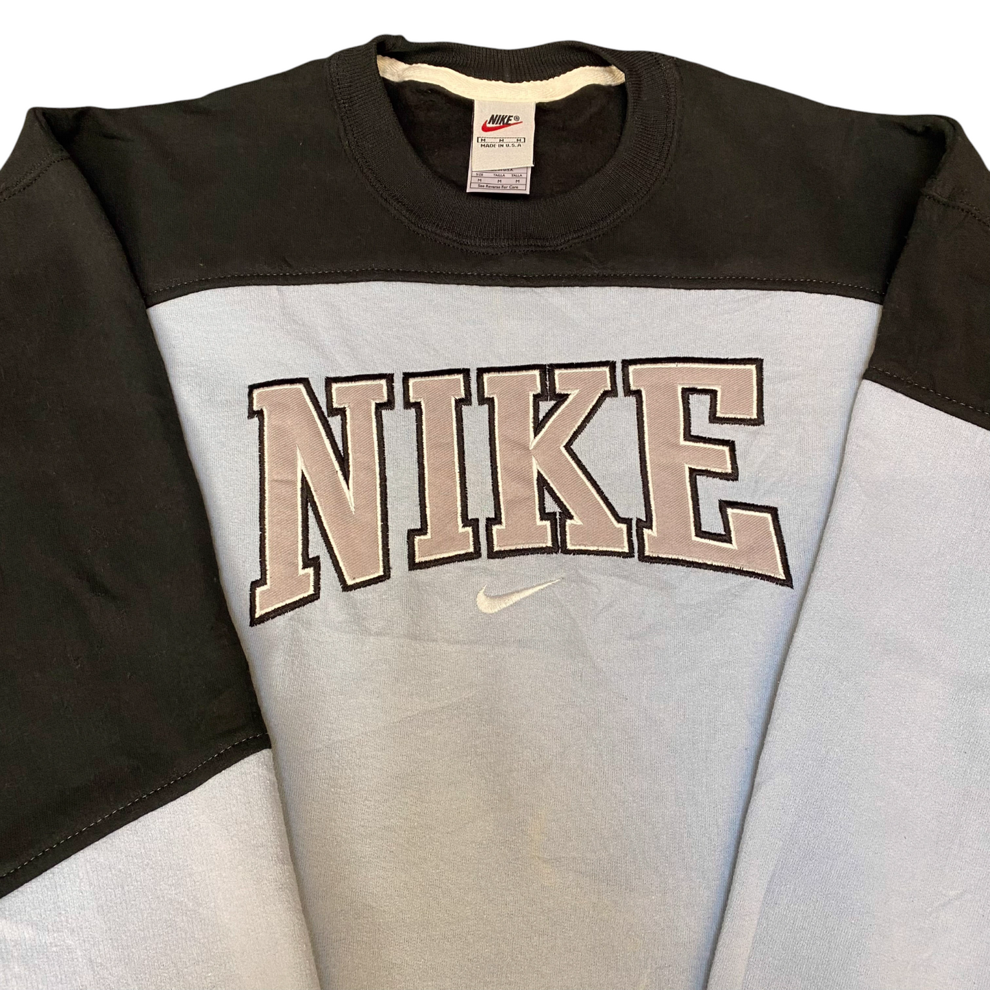 Nike Reworked Sweatshirt Mens M Blue Black Embroidered Spellout Logo Vintage Y2K