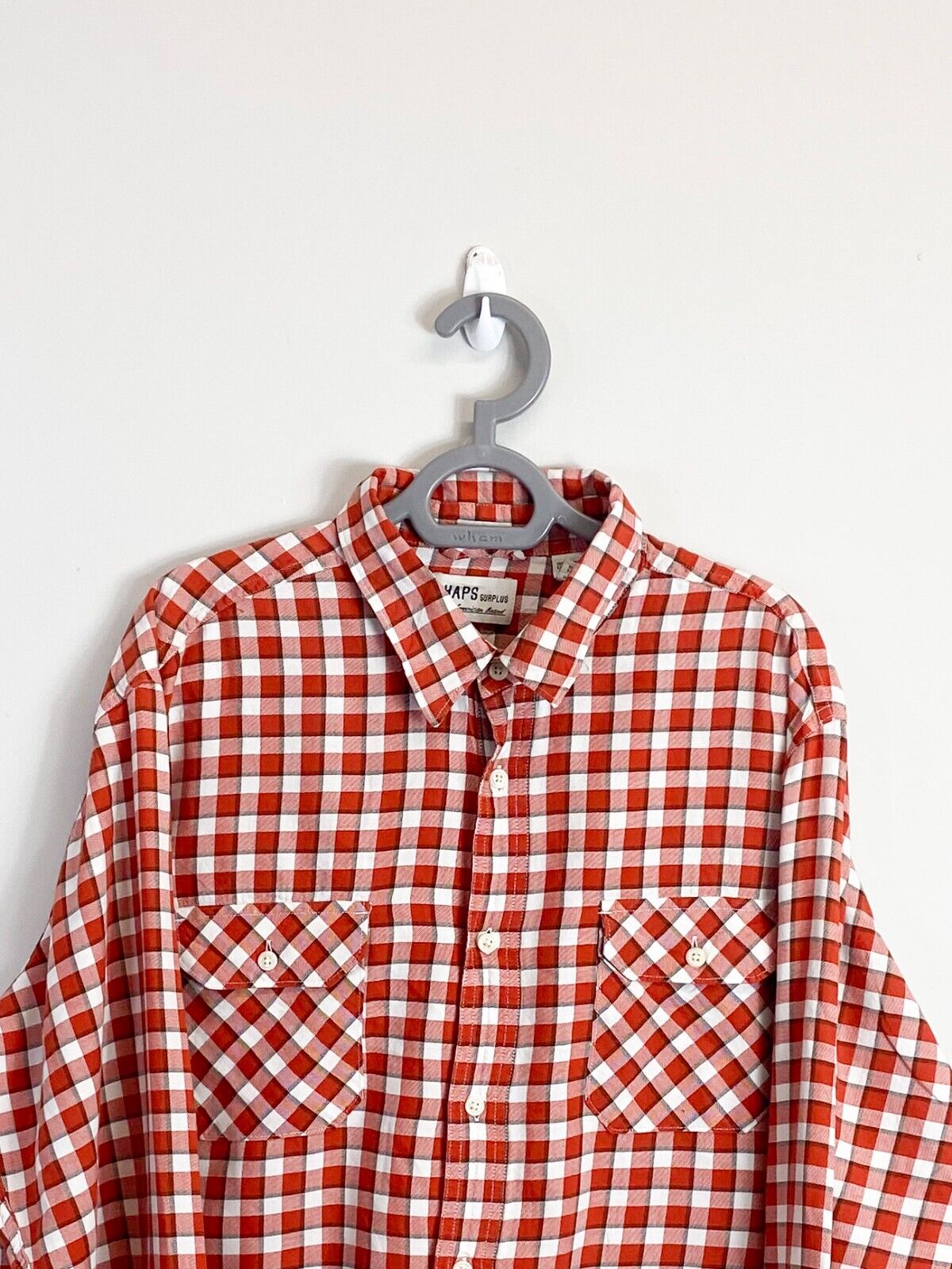 Chaps Shirt Mens L Orange Checkered Detailed Pockets Fitted Collared Button Down
