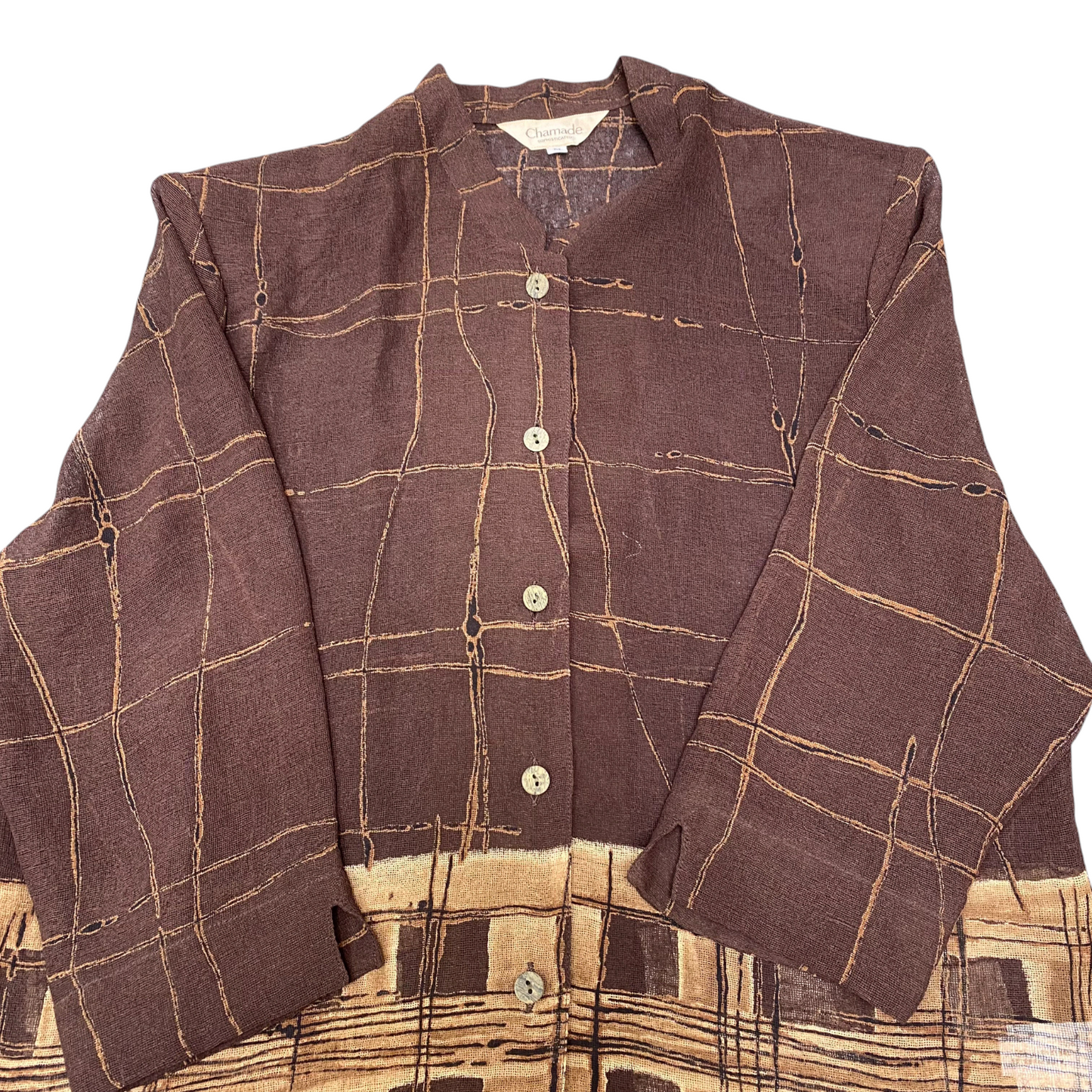 Tunic Top Womens M Brown Patterned Casual Long Sleeve Button Front Side Slit