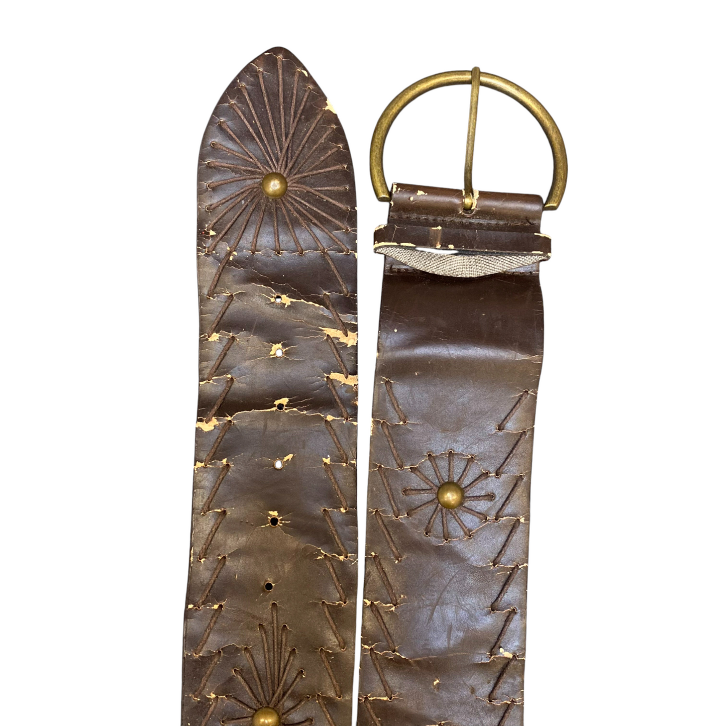 Mens Belt Dark Brown Leather Studded Adjustable D-ring Pin Buckle Size 43 in