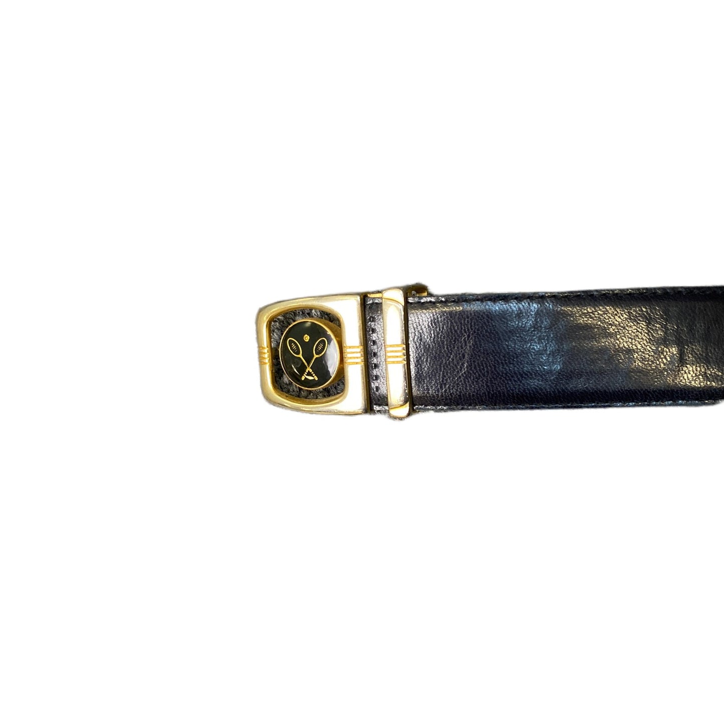Waist Belt Mens Black Leather Crossed Tennis Rackets Gold Tone Buckle 41 Inches