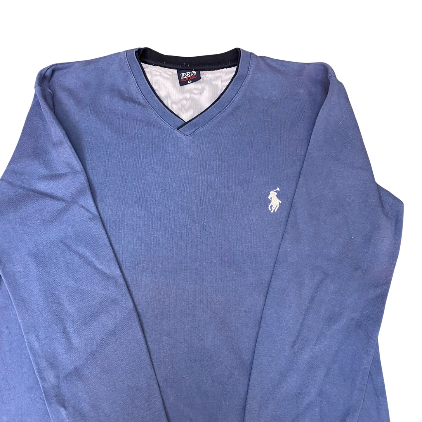 Polo Ralph Lauren Jumper Mens Medium Blue V-Neck Long Sleeve White Pony Logo