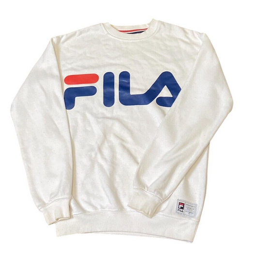 FILA Sweatshirt Men's XS White Fleece Lined Spell Out Long Sleeve Crew Pullover