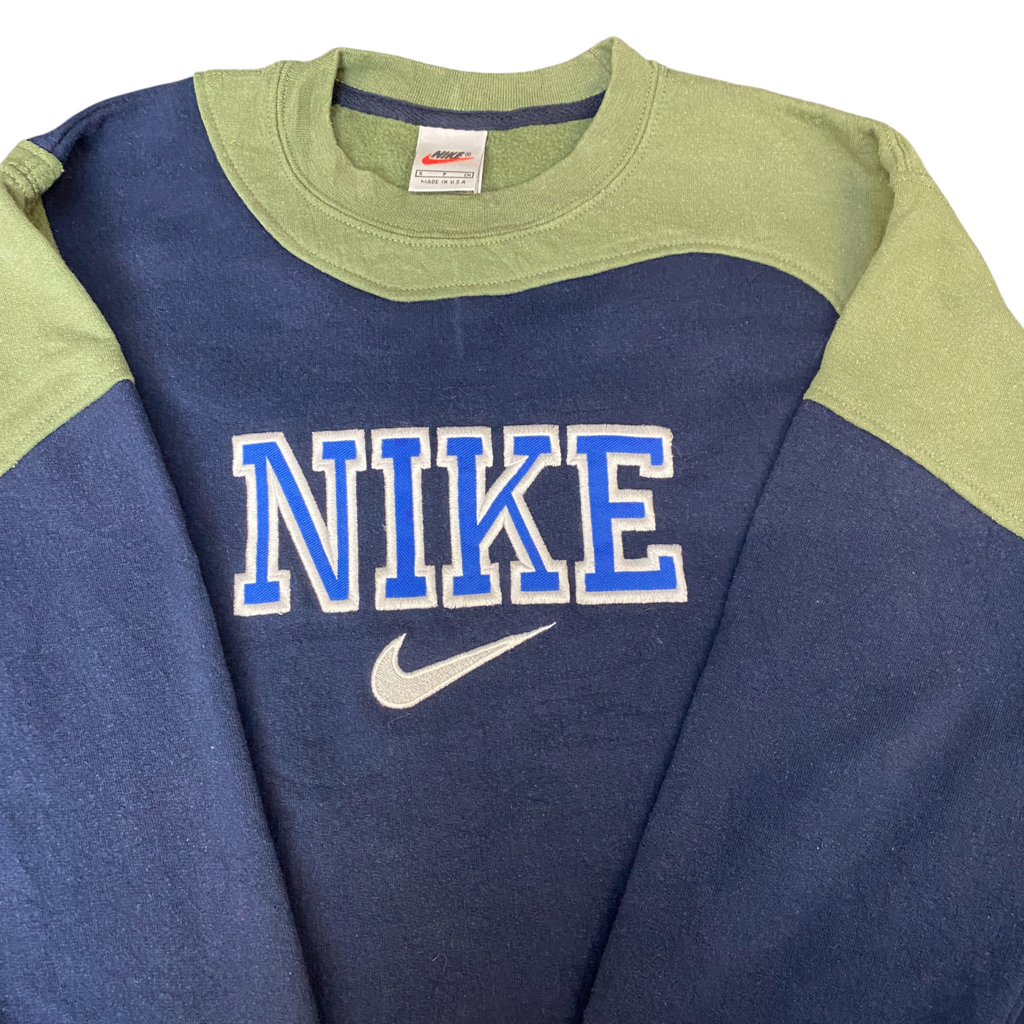 Nike Reworked Sweatshirt Mens S Navy Green Embroidered Spellout Logo Vintage Y2K