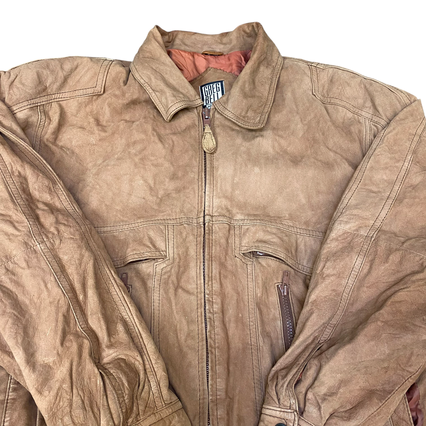 Greg Bell Leather Jacket Mens Large Brown Lined Collared Zip Up Elasticated Hem
