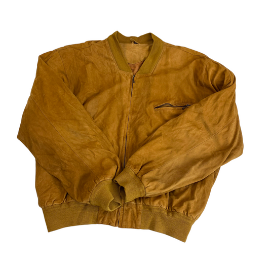 Bomber Jacket Mens L Brown Suede Leather Pockets Long Sleeve Full Zip Outdoor