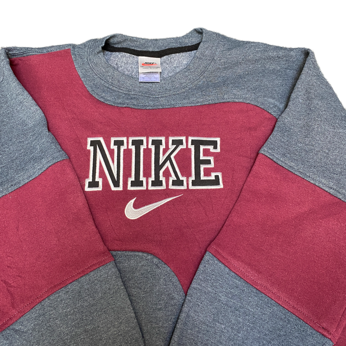 Nike Reworked Sweatshirt Mens M Burgundy Grey Embroidered Spellout Logo Vtg Y2K