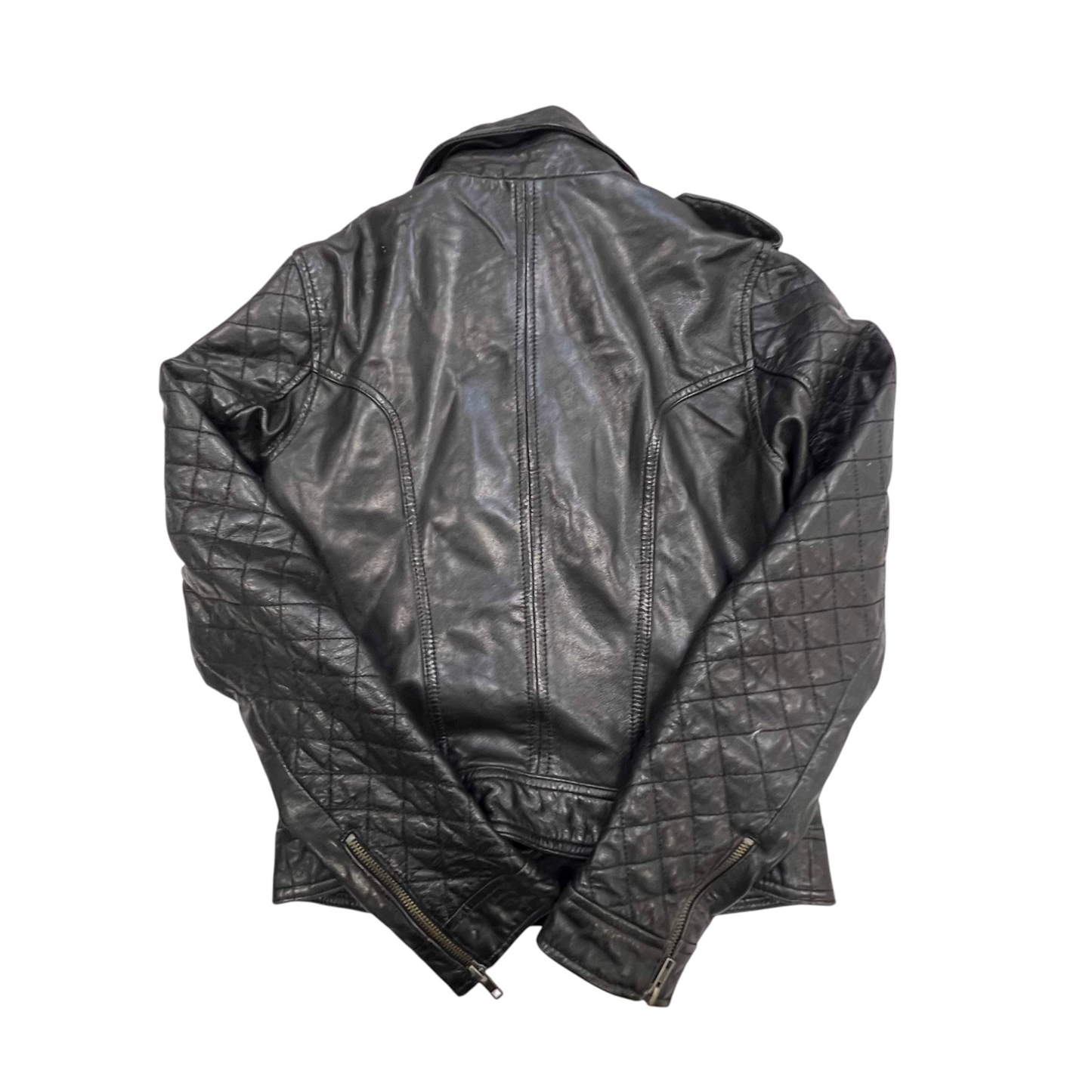Warehouse Leather Biker Jacket Womens S Black Lined Collared Asymmetrical Zip