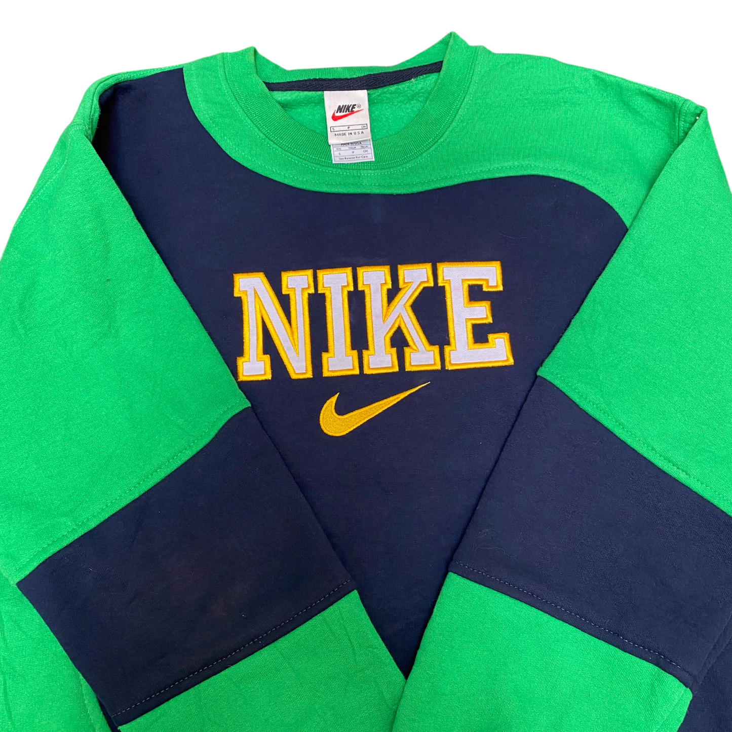 Nike Reworked Sweatshirt Mens Small Green Blue Embroidered Spell Out Logo Y2K