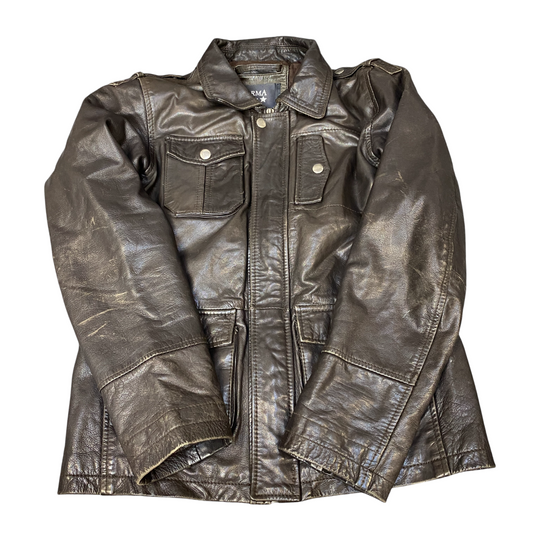 Arma Leather Jacket Boys Small Brown Long Sleeve Collared Snap Button Inside Zip