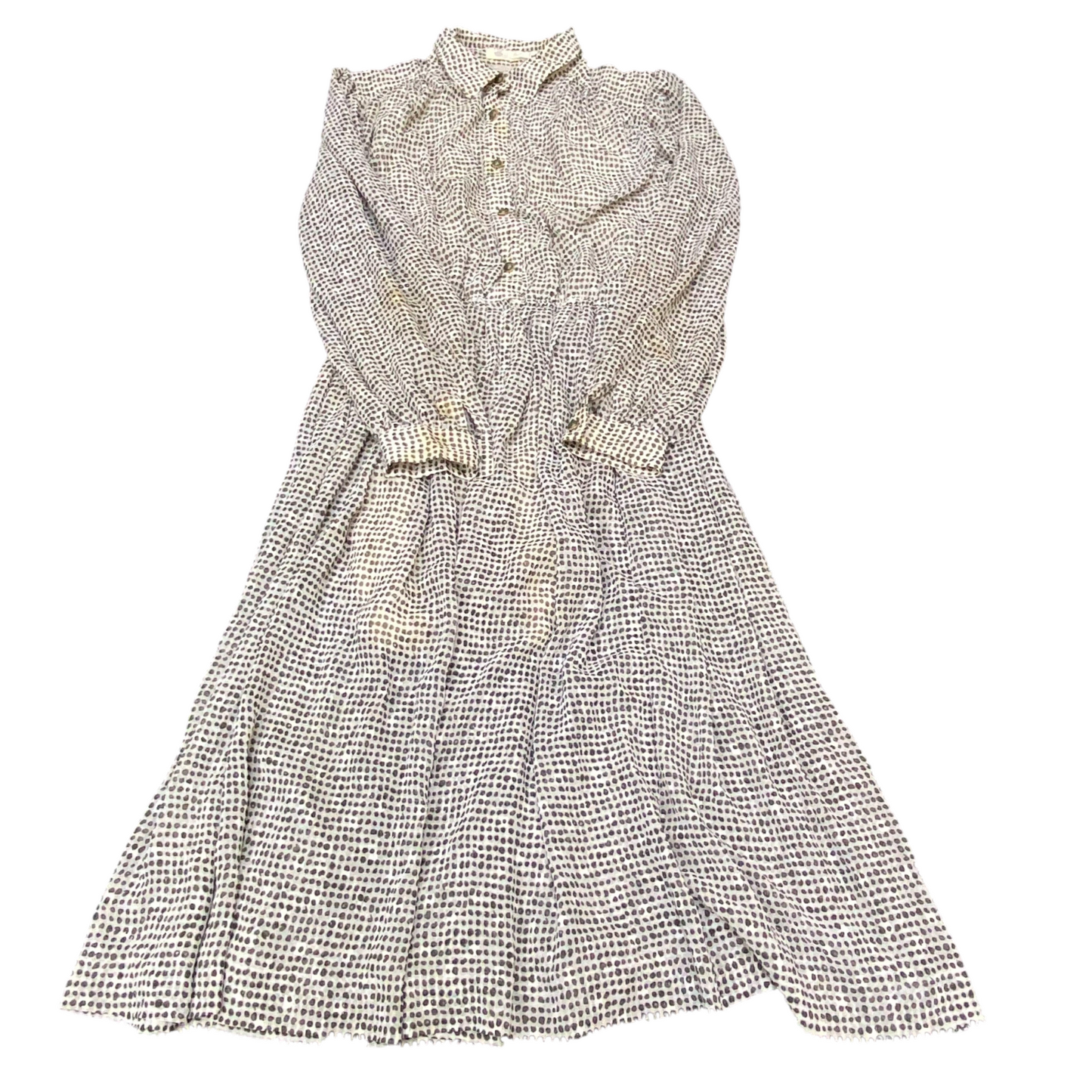 Rosace A-Line Dress Womens S White Green Polka Dot Pleated Long Sleeve Collared