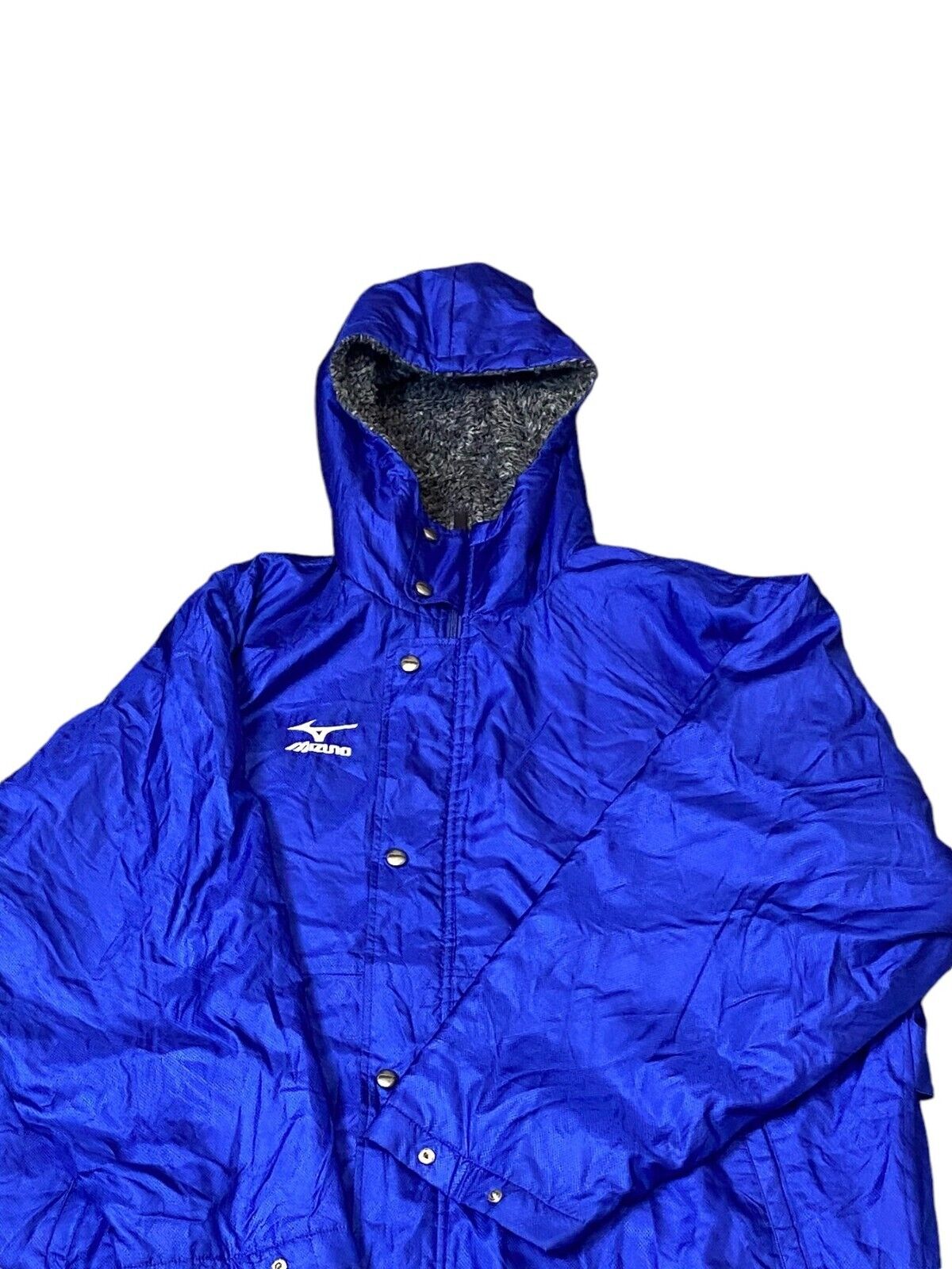 Mizuno Long Padded Boa Coat Men's Large Blue Fleece Lined Hooded Snap Full Zip